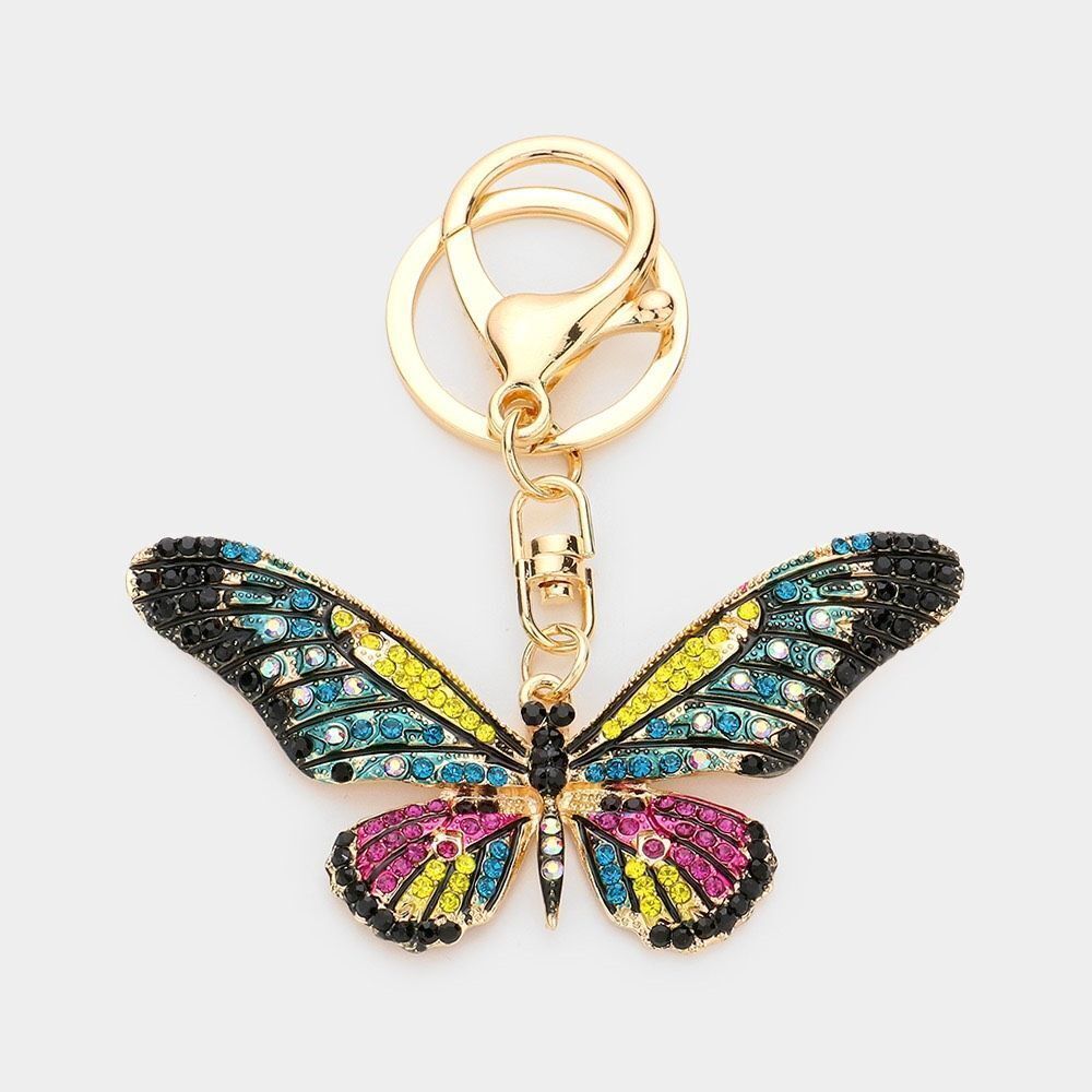New Womens Boutique Bling Rhinestone Butterfly Pursehook Keychain Gold Hardware